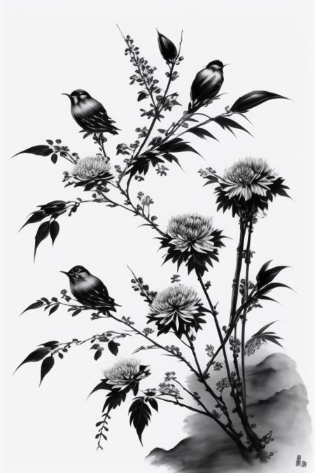 28181-4176073433-no humans, bird, branch, monochrome, chinese text, greyscale, tree, animal focus, white background, flower, fog, animal, leaf.png